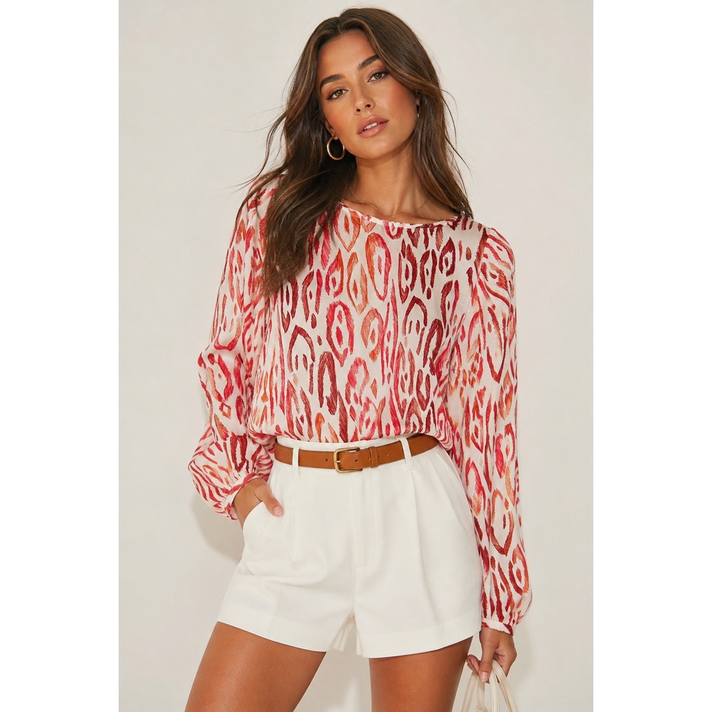 Tara Jarmon Paris Tabecca Abstract Print Blouse T38 Red Cream Long Sleeve